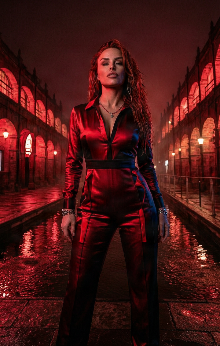 Rita in a sharply tailored black suit, editorial portrait